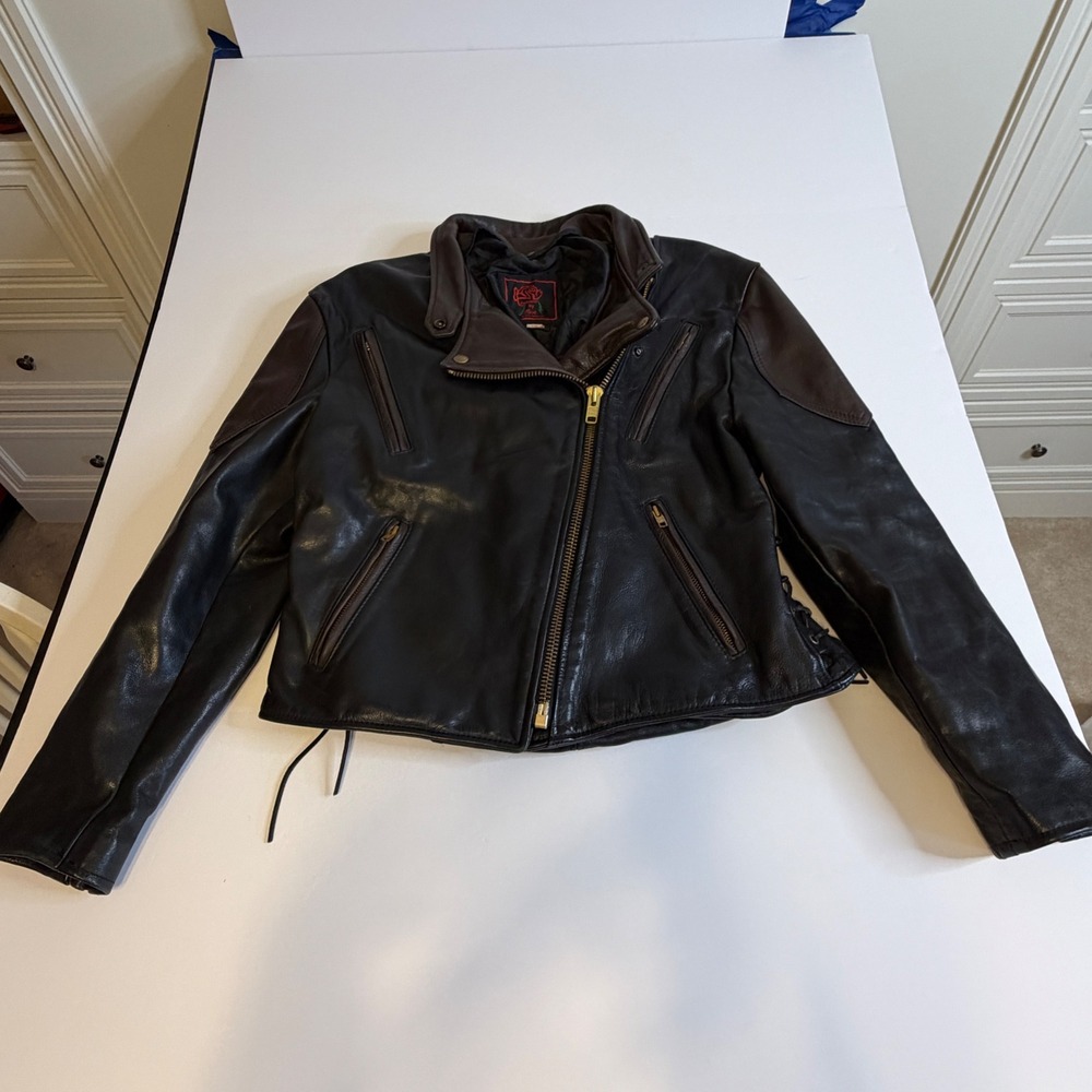 Vintage Fashions by Rose Leather Motorcycle Jacket Made in USA Black Brown Sz 18
